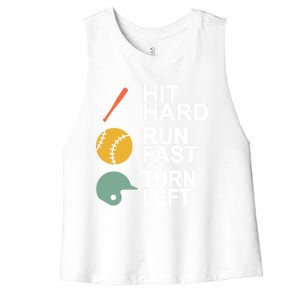 Retro Hit Hard Run Fast Turn Left Baseball Funny Sport Cool Gift Women's Racerback Cropped Tank