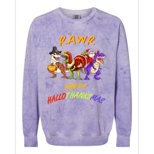 Rawr Happy Hallothanksmas Halloween Thanksgiving Christmas Gift Colorblast Crewneck Sweatshirt