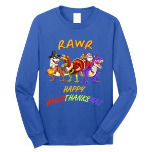 Rawr Happy Hallothanksmas Halloween Thanksgiving Christmas Gift Long Sleeve Shirt