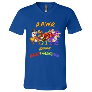 Rawr Happy Hallothanksmas Halloween Thanksgiving Christmas Gift V-Neck T-Shirt