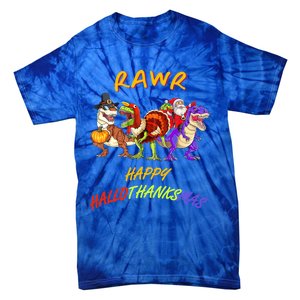 Rawr Happy Hallothanksmas Halloween Thanksgiving Christmas Gift Tie-Dye T-Shirt