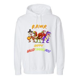 Rawr Happy Hallothanksmas Halloween Thanksgiving Christmas Gift Garment-Dyed Fleece Hoodie