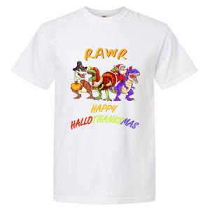 Rawr Happy Hallothanksmas Halloween Thanksgiving Christmas Gift Garment-Dyed Heavyweight T-Shirt