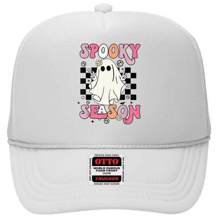 Retro Hippie Halloween Cute Ghost Spooky Season Funny Gifts High Crown Mesh Back Trucker Hat