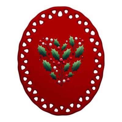 Rustic Holly Heart Wreath Ceramic Oval Ornament