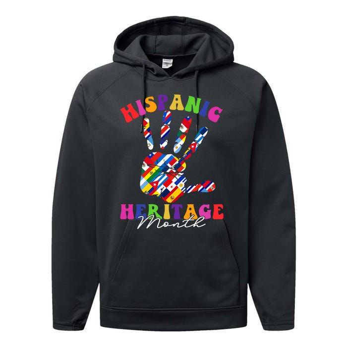 Retro Hispanic Heritage Month All Countries Heart Hands Performance Fleece Hoodie