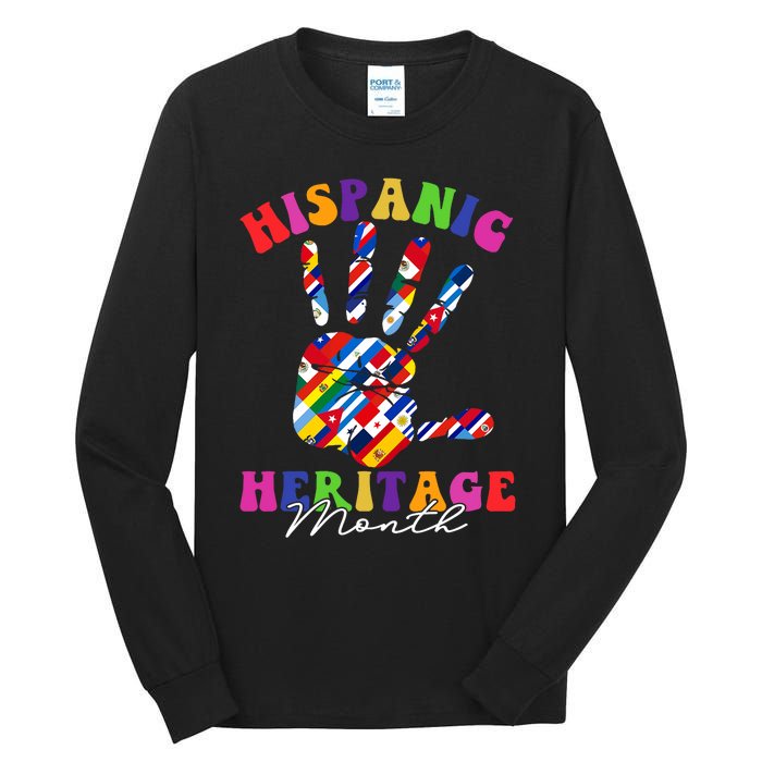 Retro Hispanic Heritage Month All Countries Heart Hands Tall Long Sleeve T-Shirt