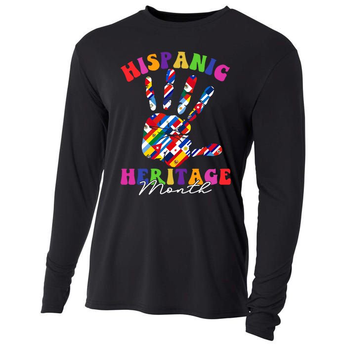 Retro Hispanic Heritage Month All Countries Heart Hands Cooling Performance Long Sleeve Crew