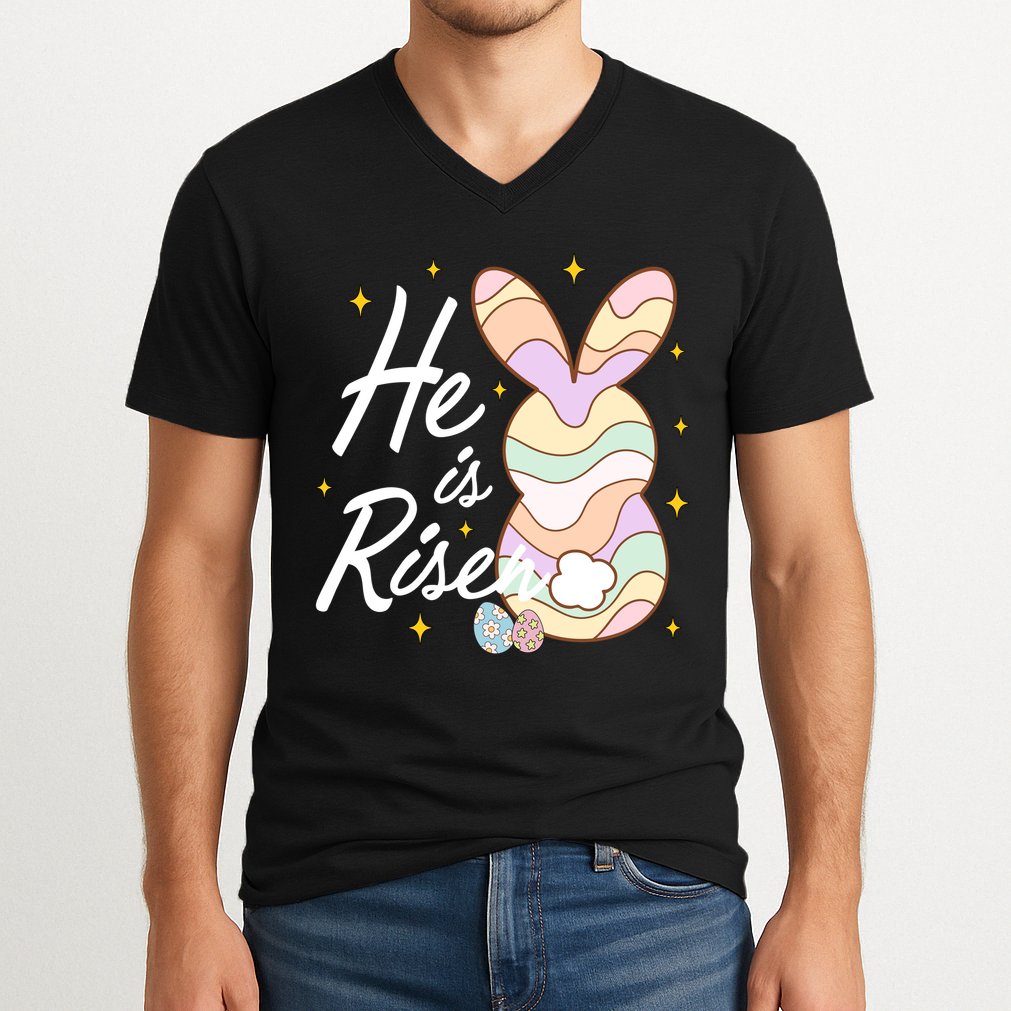 Retro He Is Risent Easter Sunday V-Neck T-Shirt