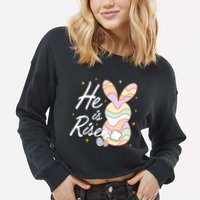 Retro He Is Risent Easter Sunday Cropped Pullover Crew
