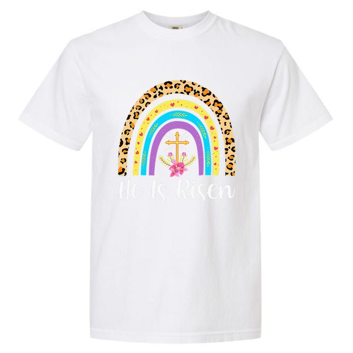 Rainbow He Is Risen Leopard Christian Jesus Happy Easter Day Garment-Dyed Heavyweight T-Shirt