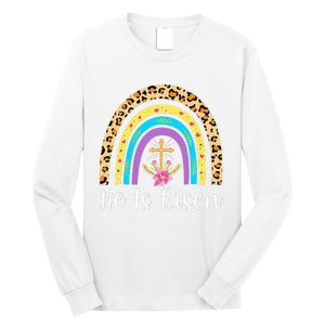 Rainbow He Is Risen Leopard Christian Jesus Happy Easter Day Long Sleeve Shirt