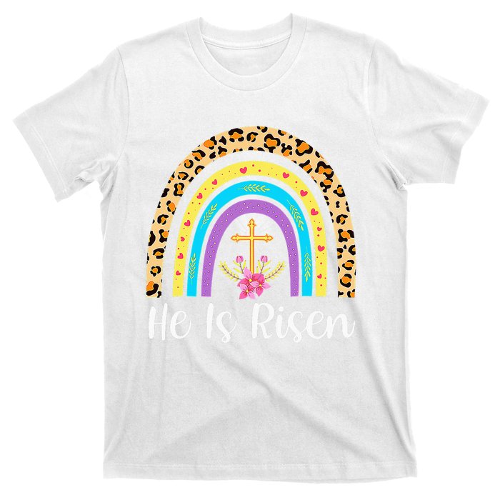 Rainbow He Is Risen Leopard Christian Jesus Happy Easter Day T-Shirt