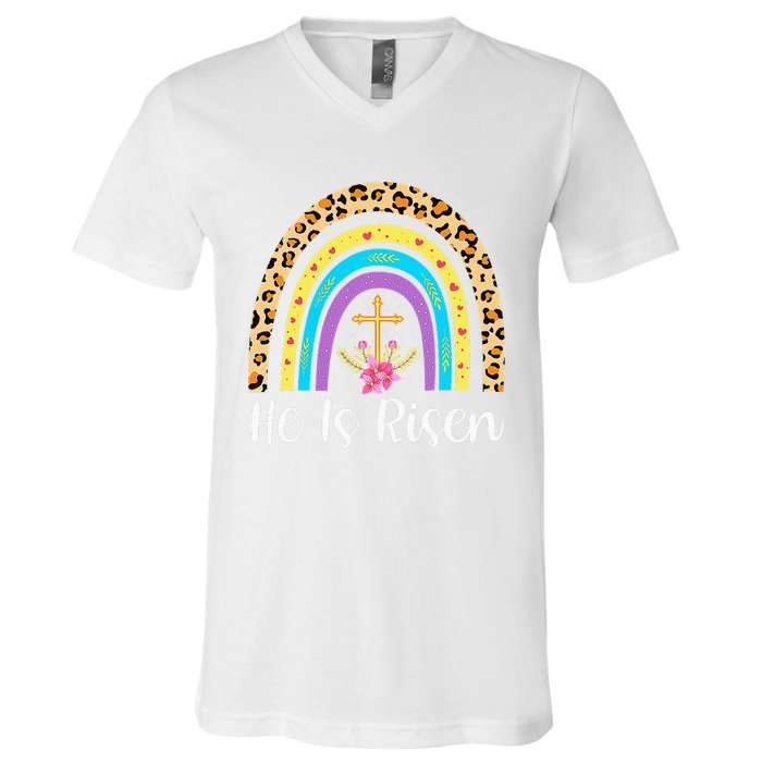 Rainbow He Is Risen Leopard Christian Jesus Happy Easter Day V-Neck T-Shirt