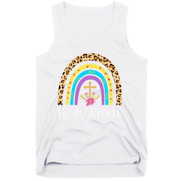 Rainbow He Is Risen Leopard Christian Jesus Happy Easter Day Tank Top