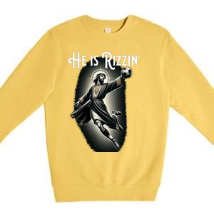 Rizzen He Is Rizzin Jesus Playing Soccer Funny Sports Rizz Premium Crewneck Sweatshirt