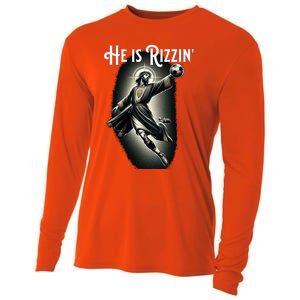 Rizzen He Is Rizzin Jesus Playing Soccer Funny Sports Rizz Cooling Performance Long Sleeve Crew