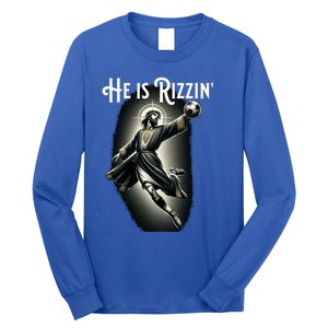 Rizzen He Is Rizzin Jesus Playing Soccer Funny Sports Rizz Long Sleeve Shirt