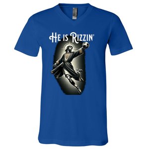 Rizzen He Is Rizzin Jesus Playing Soccer Funny Sports Rizz V-Neck T-Shirt