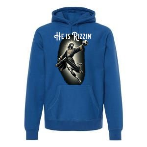 Rizzen He Is Rizzin Jesus Playing Soccer Funny Sports Rizz Premium Hoodie