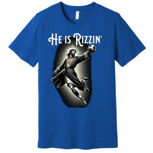 Rizzen He Is Rizzin Jesus Playing Soccer Funny Sports Rizz Premium T-Shirt