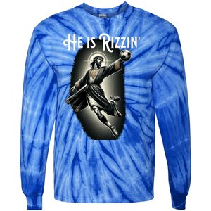 Rizzen He Is Rizzin Jesus Playing Soccer Funny Sports Rizz Tie-Dye Long Sleeve Shirt