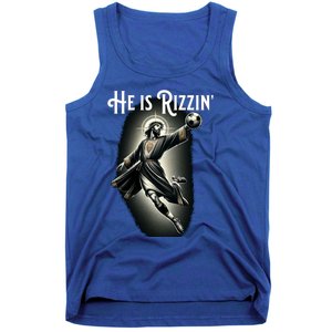 Rizzen He Is Rizzin Jesus Playing Soccer Funny Sports Rizz Tank Top