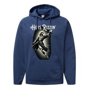 Rizzen He Is Rizzin Jesus Playing Soccer Funny Sports Rizz Performance Fleece Hoodie