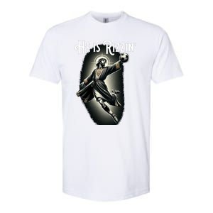 Rizzen He Is Rizzin Jesus Playing Soccer Funny Sports Rizz Softstyle CVC T-Shirt