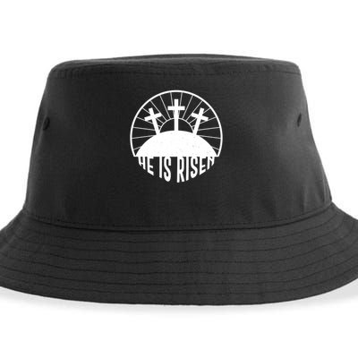 Retro He is Risen Emblem Celebrating Easter Sustainable Bucket Hat