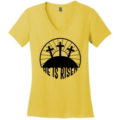 Retro He is Risen Emblem Celebrating Easter Women's V-Neck T-Shirt
