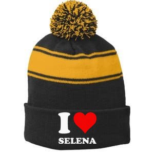 Red Heart I Love Selena Stripe Pom Pom Beanie