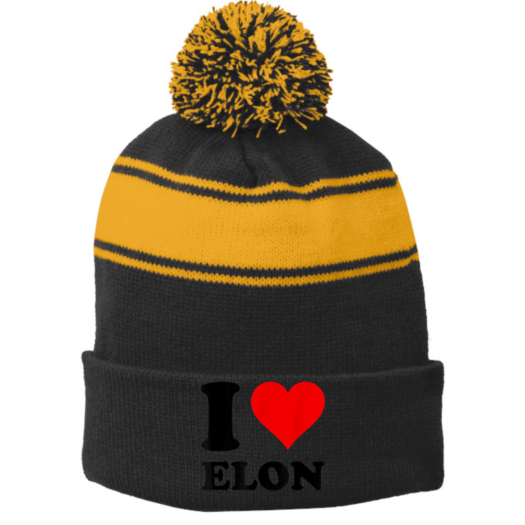 Red Heart I Love Elon Musk Stripe Pom Pom Beanie
