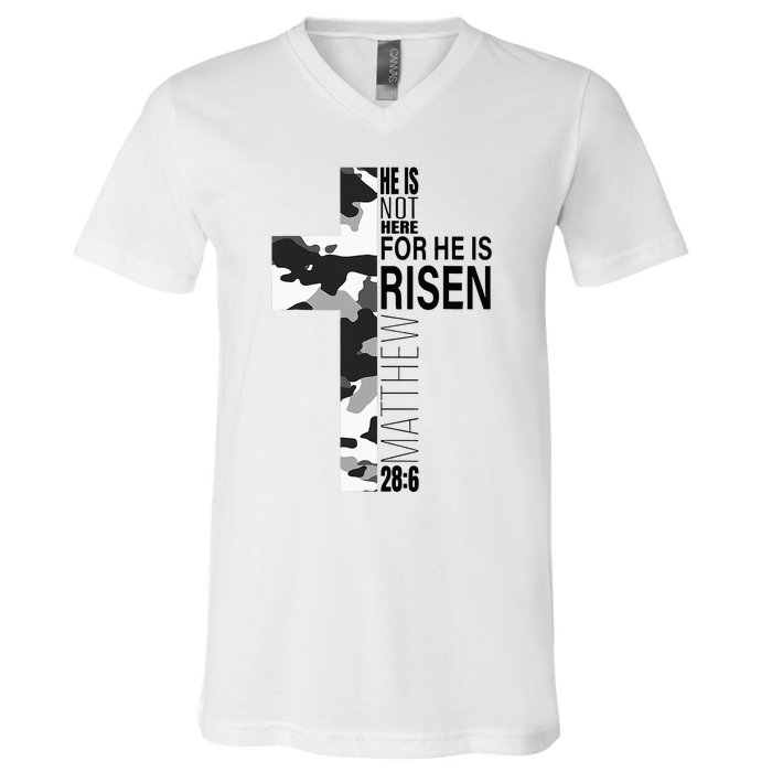 Religious He Is Risen Christian Easter Camouflage Cross V-Neck T-Shirt