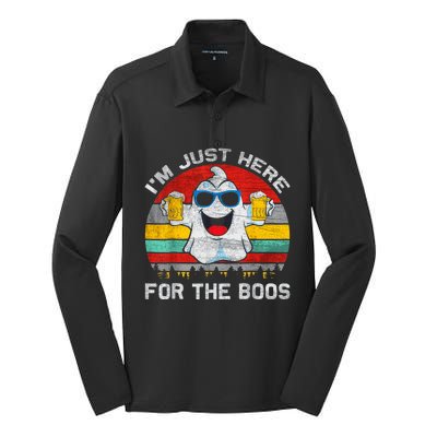 Retro Halloween I'm Just Here For The Boos Cute Ghost Beer Silk Touch Performance Long Sleeve Polo