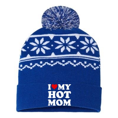 Red Heart I Love My Hot Mom Gift USA-Made Snowflake Beanie