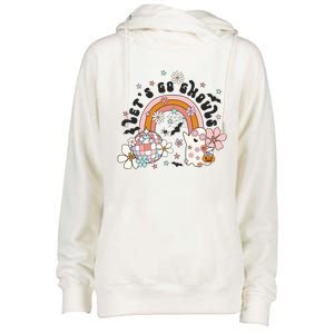 Retro Halloween Lets Go Ghouls Groovy Floral Ghost Gift Womens Funnel Neck Pullover Hood