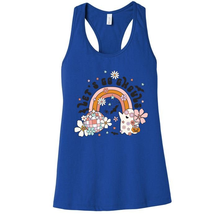 Retro Halloween Lets Go Ghouls Groovy Floral Ghost Gift Women's Racerback Tank