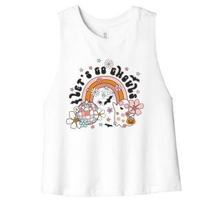 Retro Halloween Lets Go Ghouls Groovy Floral Ghost Gift Women's Racerback Cropped Tank