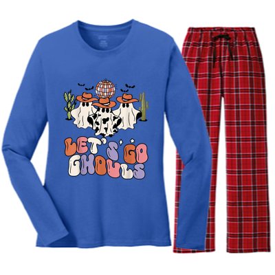 Retro Halloween Lets Go Ghouls Western Ghosts Disco Gift Women's Long Sleeve Flannel Pajama Set 