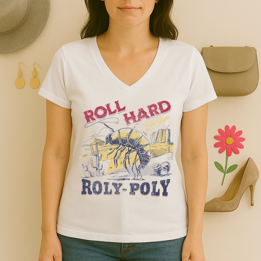 Roll Hard Live Free Roly Poly Wild West Rodeo Cowboy Women's V-Neck T-Shirt