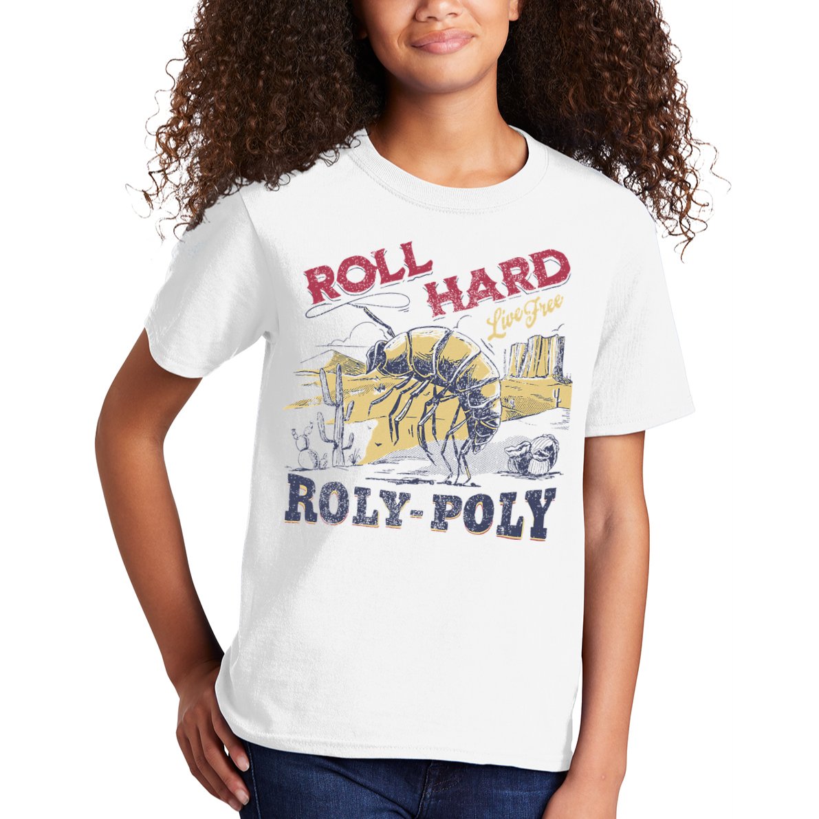 Roll Hard Live Free Roly Poly Wild West Rodeo Cowboy Kids T-Shirt