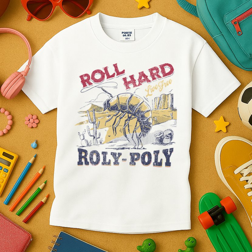 Roll Hard Live Free Roly Poly Wild West Rodeo Cowboy Kids T-Shirt