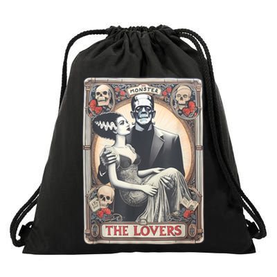 Retro Halloween Lovers Tarot Card Halloween Drawstring Bag