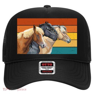 Retro Horses Lover Cute Gift High Crown Mesh Back Trucker Hat