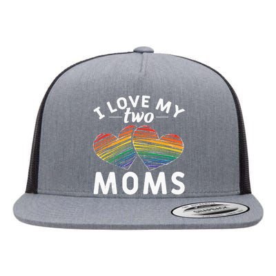 Rainbow Hearts Lesbian Pride Gift I Love My Two Moms LGBT Flat Bill Trucker Hat