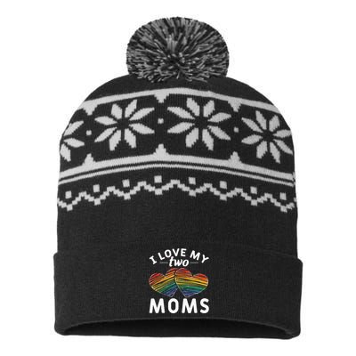 Rainbow Hearts Lesbian Pride Gift I Love My Two Moms LGBT USA-Made Snowflake Beanie