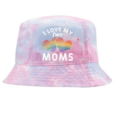 Rainbow Hearts Lesbian Pride Gift I Love My Two Moms LGBT Tie-Dyed Bucket Hat