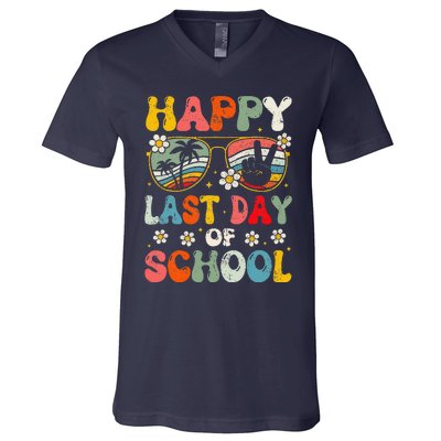 Retro Happy Last Day Of School Teacher Student Hello Summer V-Neck T-Shirt