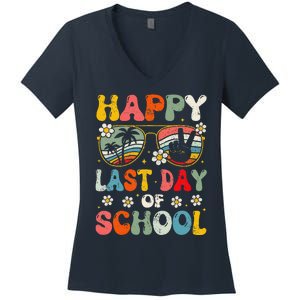 Retro Happy Last Day Of School Teacher Student Hello Summer Women's V-Neck T-Shirt